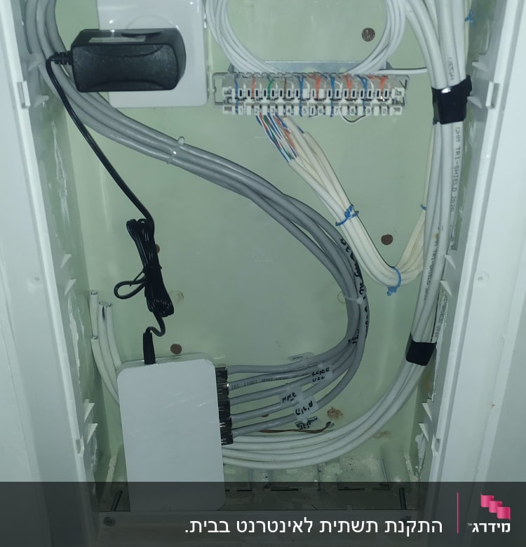 ארון תקשורת עם כבלים מחוברים ומסודרים